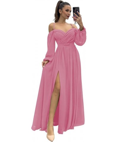 Women's Off The Shoulder Long Sleeve Chiffon Bridesmaid Dresses Long Slit Spaghetti Strap Formal Party Dress Dusty Pink $32.5...