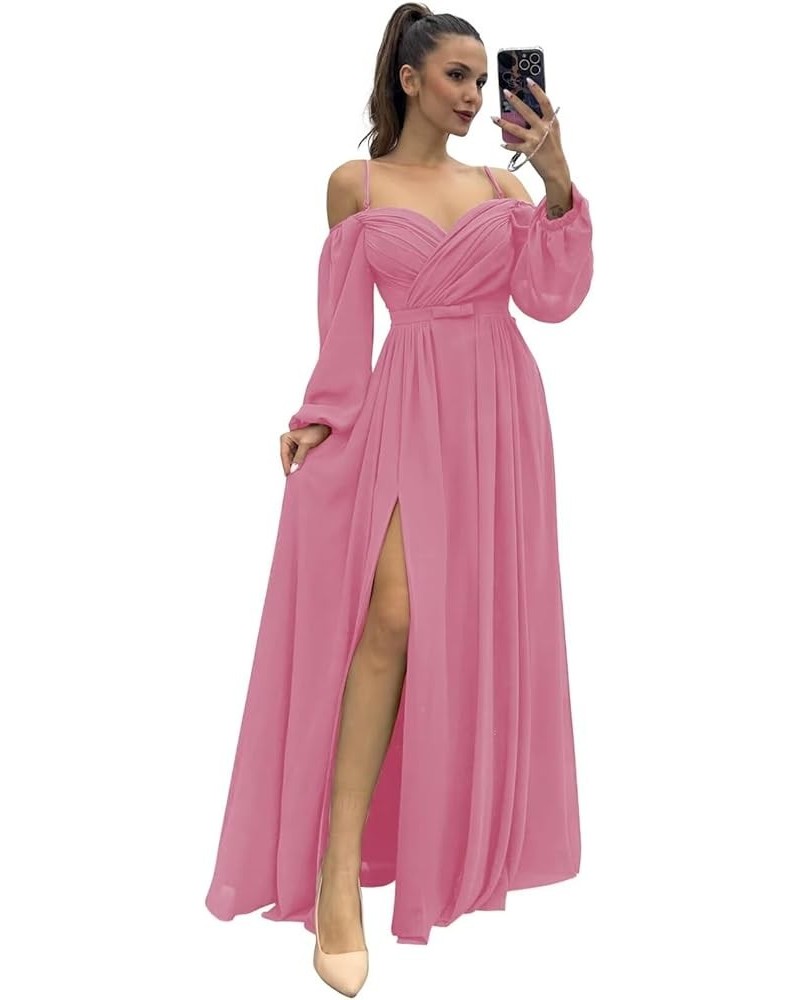 Women's Off The Shoulder Long Sleeve Chiffon Bridesmaid Dresses Long Slit Spaghetti Strap Formal Party Dress Dusty Pink $32.5...