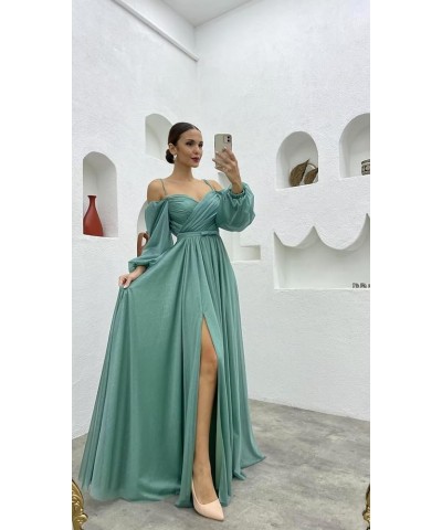 Women's Off The Shoulder Long Sleeve Chiffon Bridesmaid Dresses Long Slit Spaghetti Strap Formal Party Dress Dusty Pink $32.5...