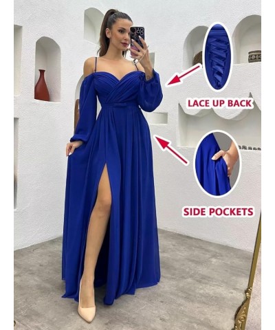 Women's Off The Shoulder Long Sleeve Chiffon Bridesmaid Dresses Long Slit Spaghetti Strap Formal Party Dress Dusty Pink $32.5...