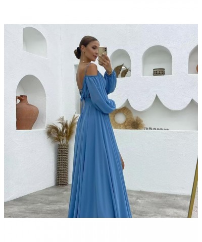 Women's Off The Shoulder Long Sleeve Chiffon Bridesmaid Dresses Long Slit Spaghetti Strap Formal Party Dress Dusty Pink $32.5...