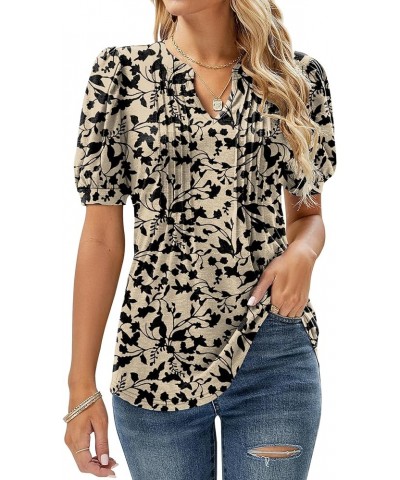 Womens V Neck Puff Short Sleeve Pleated T Shirts Fashion Summer Tops Casual Tunic Blouse Floral Apricot Black $11.49 Tops