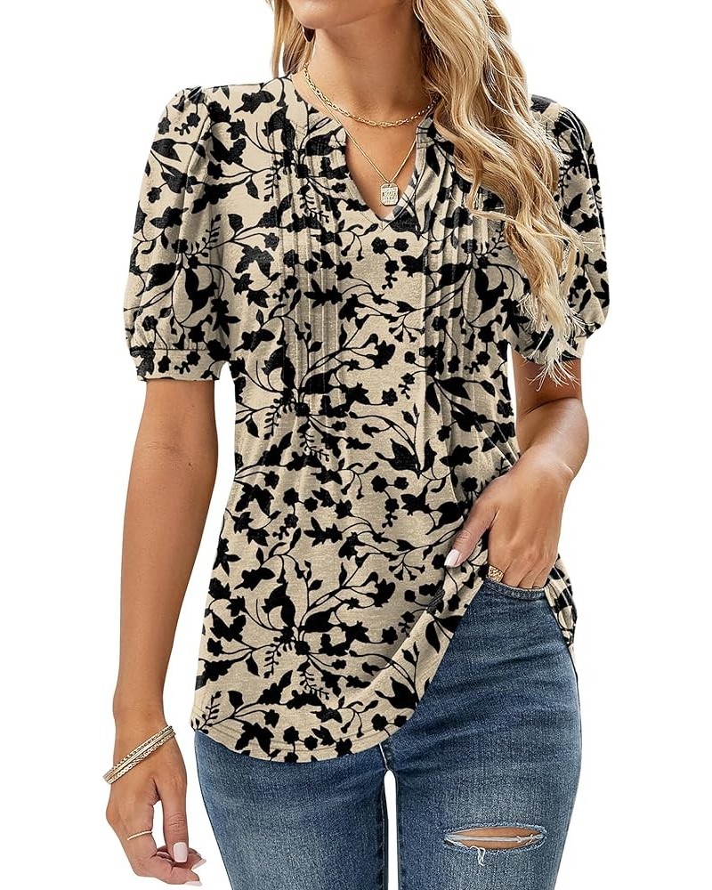 Womens V Neck Puff Short Sleeve Pleated T Shirts Fashion Summer Tops Casual Tunic Blouse Floral Apricot Black $11.49 Tops