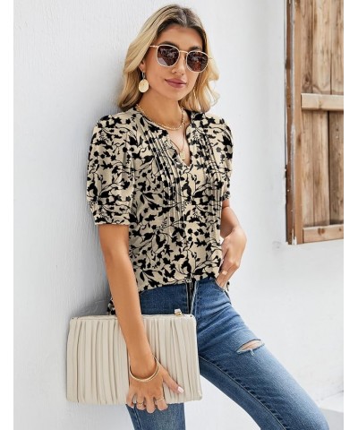 Womens V Neck Puff Short Sleeve Pleated T Shirts Fashion Summer Tops Casual Tunic Blouse Floral Apricot Black $11.49 Tops