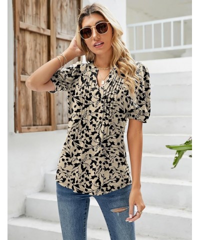 Womens V Neck Puff Short Sleeve Pleated T Shirts Fashion Summer Tops Casual Tunic Blouse Floral Apricot Black $11.49 Tops