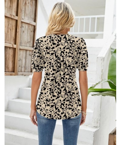 Womens V Neck Puff Short Sleeve Pleated T Shirts Fashion Summer Tops Casual Tunic Blouse Floral Apricot Black $11.49 Tops