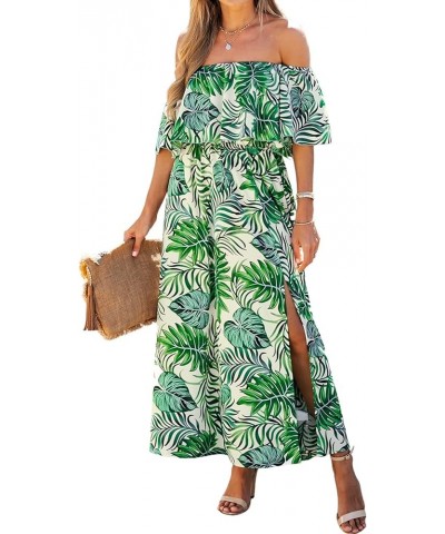 Women's Dresses for Summer A Line Dresses Off Shoulder Ruffle Maxi Tropical Printed Dress Light Green $25.91 Dresses