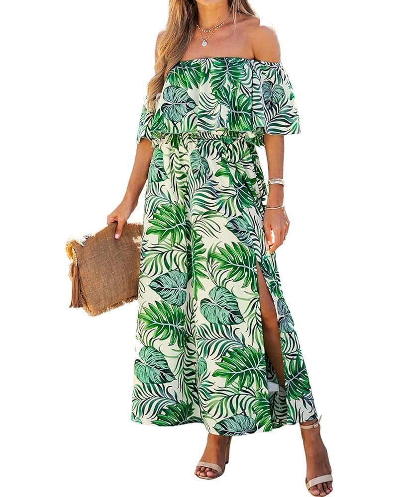 Women's Dresses for Summer A Line Dresses Off Shoulder Ruffle Maxi Tropical Printed Dress Light Green $25.91 Dresses