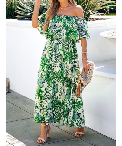 Women's Dresses for Summer A Line Dresses Off Shoulder Ruffle Maxi Tropical Printed Dress Light Green $25.91 Dresses