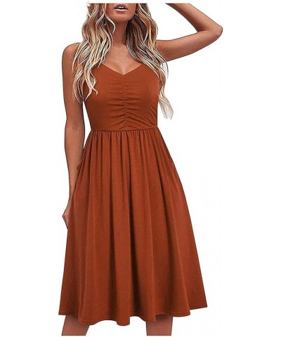 Women V Neck Spaghetti Strap Dress Sleeveless Pleated A Line Midi Dress 2024 Summer Casual Cocktail Beach Dress A1-orange $8....