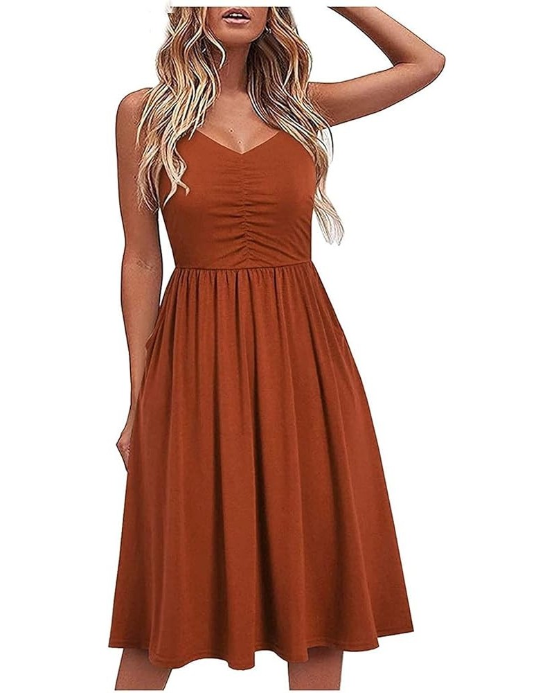 Women V Neck Spaghetti Strap Dress Sleeveless Pleated A Line Midi Dress 2024 Summer Casual Cocktail Beach Dress A1-orange $8....