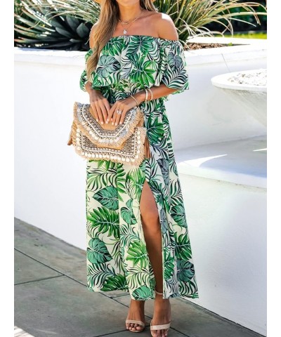 Women's Dresses for Summer A Line Dresses Off Shoulder Ruffle Maxi Tropical Printed Dress Light Green $25.91 Dresses