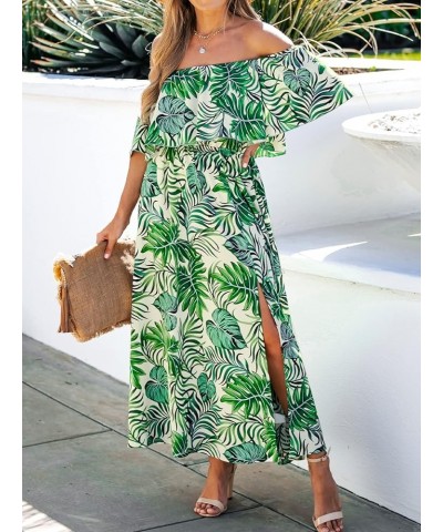 Women's Dresses for Summer A Line Dresses Off Shoulder Ruffle Maxi Tropical Printed Dress Light Green $25.91 Dresses