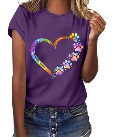 Women Heart Dog Paw Graphic Tees Colorful Funny Tshirts Short Sleeve Pullover Casual Summer Blouses Tops Purple $8.54 T-Shirts