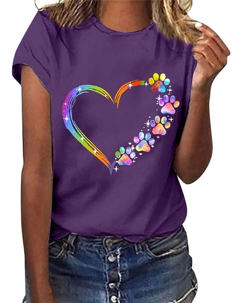 Women Heart Dog Paw Graphic Tees Colorful Funny Tshirts Short Sleeve Pullover Casual Summer Blouses Tops Purple $8.54 T-Shirts