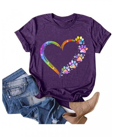 Women Heart Dog Paw Graphic Tees Colorful Funny Tshirts Short Sleeve Pullover Casual Summer Blouses Tops Purple $8.54 T-Shirts