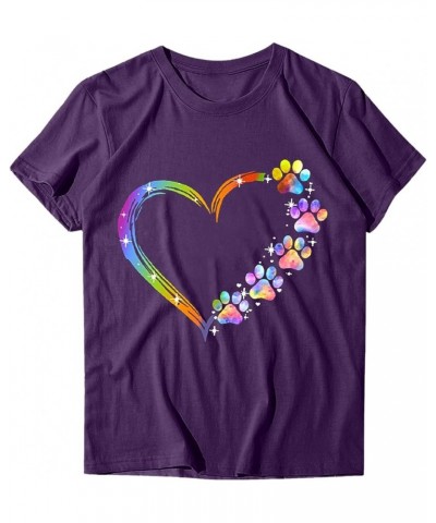 Women Heart Dog Paw Graphic Tees Colorful Funny Tshirts Short Sleeve Pullover Casual Summer Blouses Tops Purple $8.54 T-Shirts