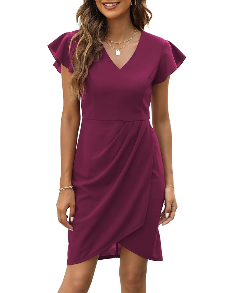 Women's Flutter Sleeve Bodycon V Neck Summer Dress Wrap Ruched Wedding Guest Mini Dresses MY111 Fuchsia $20.68 Dresses