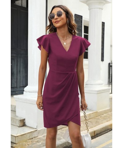 Women's Flutter Sleeve Bodycon V Neck Summer Dress Wrap Ruched Wedding Guest Mini Dresses MY111 Fuchsia $20.68 Dresses