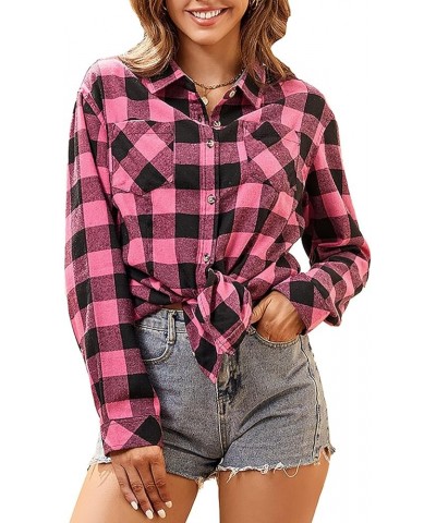 Women's Flannel Plaid Shirts Long Sleeve Casual Button Down Shirt Lapel Shacket Blouse Tops 1-rose Red $14.88 Blouses