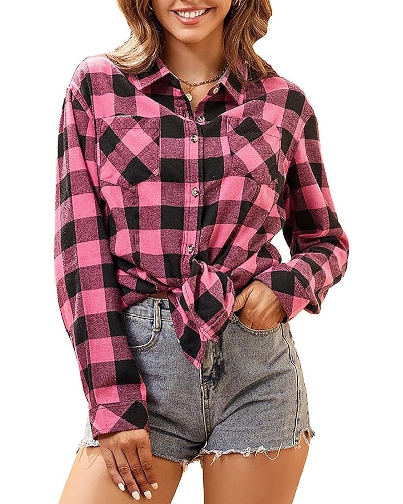 Women's Flannel Plaid Shirts Long Sleeve Casual Button Down Shirt Lapel Shacket Blouse Tops 1-rose Red $14.88 Blouses