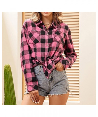 Women's Flannel Plaid Shirts Long Sleeve Casual Button Down Shirt Lapel Shacket Blouse Tops 1-rose Red $14.88 Blouses