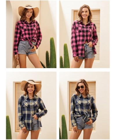 Women's Flannel Plaid Shirts Long Sleeve Casual Button Down Shirt Lapel Shacket Blouse Tops 1-rose Red $14.88 Blouses