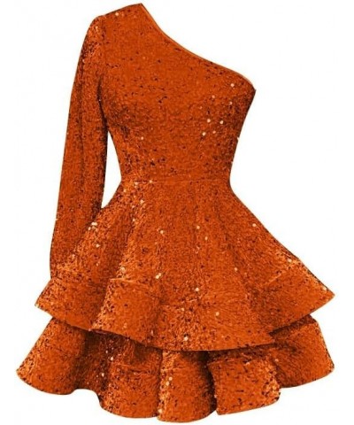 Women's One Shoulder Sequin Homecoming Dresses Short Sparkly Layered Long Sleeve Prom Party Gown Orange $28.59 Dresses