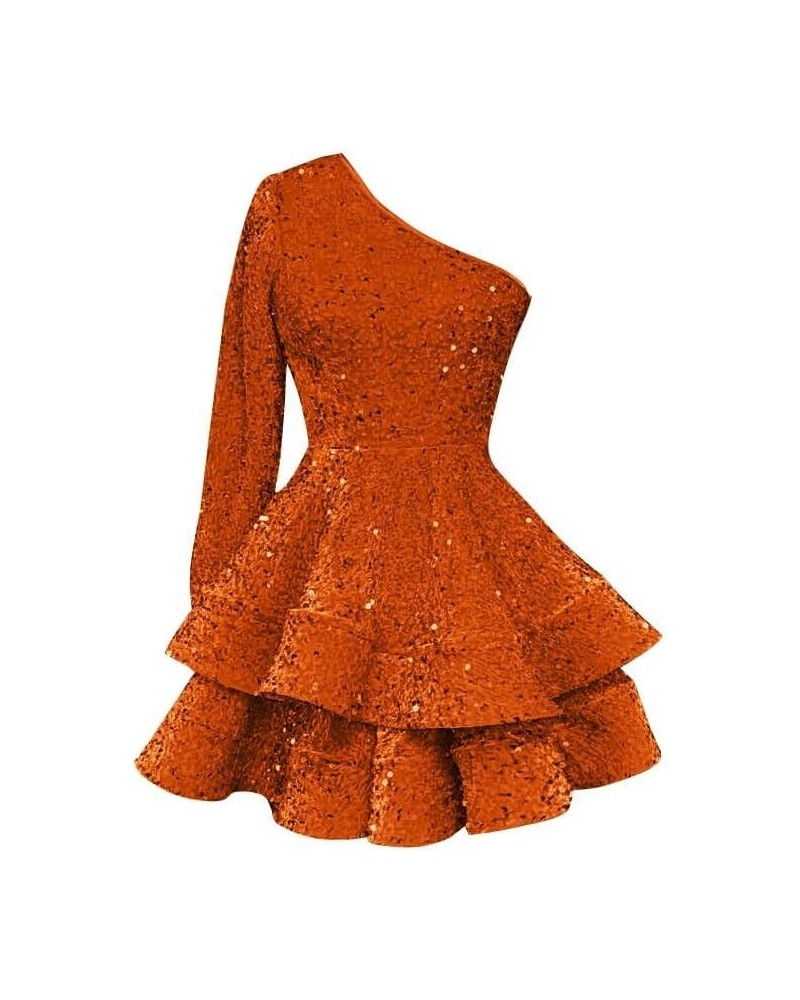 Women's One Shoulder Sequin Homecoming Dresses Short Sparkly Layered Long Sleeve Prom Party Gown Orange $28.59 Dresses