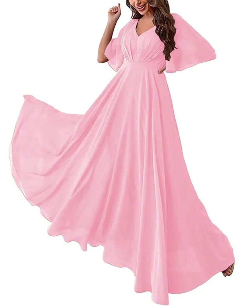 Bridesmaid Dresses with Sleeves Pleated Chiffon Prom Dresses V Neck Formal Wedding Evening Gowns for Women Pink $36.27 Dresses