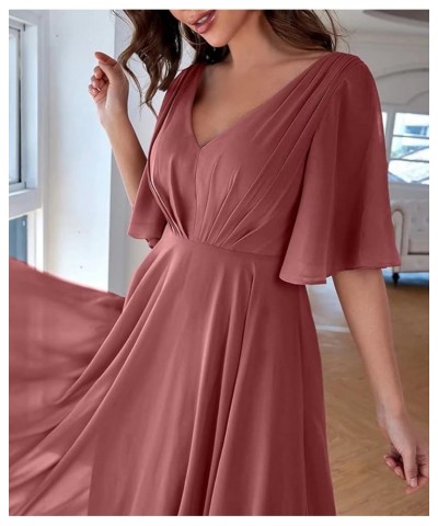 Bridesmaid Dresses with Sleeves Pleated Chiffon Prom Dresses V Neck Formal Wedding Evening Gowns for Women Pink $36.27 Dresses