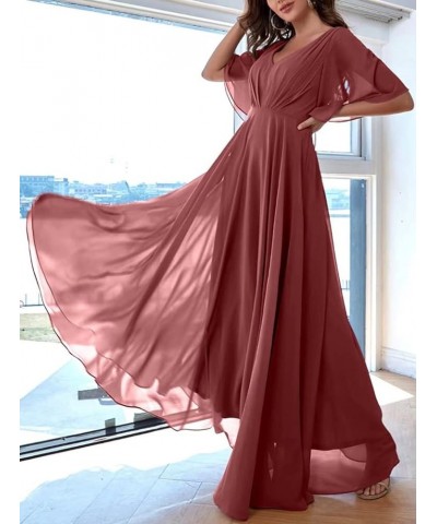 Bridesmaid Dresses with Sleeves Pleated Chiffon Prom Dresses V Neck Formal Wedding Evening Gowns for Women Pink $36.27 Dresses