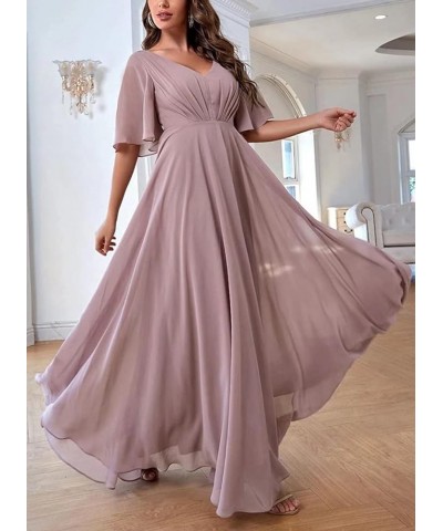 Bridesmaid Dresses with Sleeves Pleated Chiffon Prom Dresses V Neck Formal Wedding Evening Gowns for Women Pink $36.27 Dresses