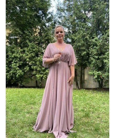 Bridesmaid Dresses with Sleeves Pleated Chiffon Prom Dresses V Neck Formal Wedding Evening Gowns for Women Pink $36.27 Dresses