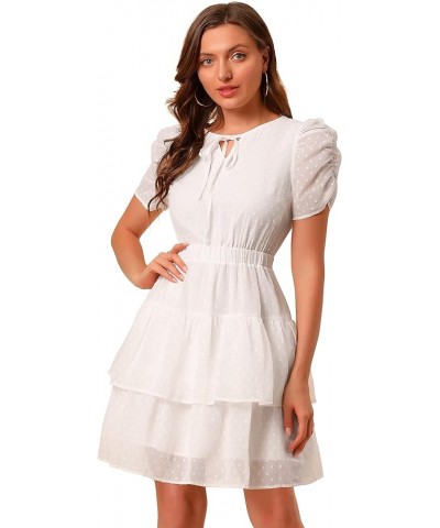 Women's Swiss Dots Dresses Ruched Short Sleeve Elastic Waist Layer Ruffle Hem Dress White $12.00 Dresses