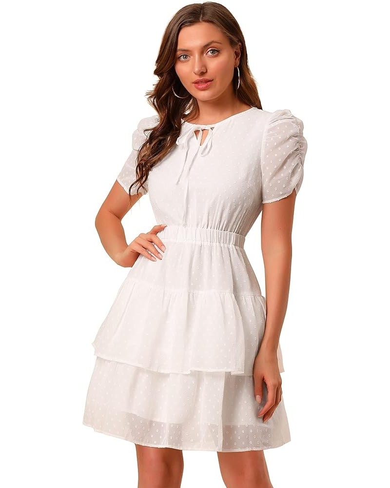 Women's Swiss Dots Dresses Ruched Short Sleeve Elastic Waist Layer Ruffle Hem Dress White $12.00 Dresses