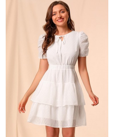 Women's Swiss Dots Dresses Ruched Short Sleeve Elastic Waist Layer Ruffle Hem Dress White $12.00 Dresses