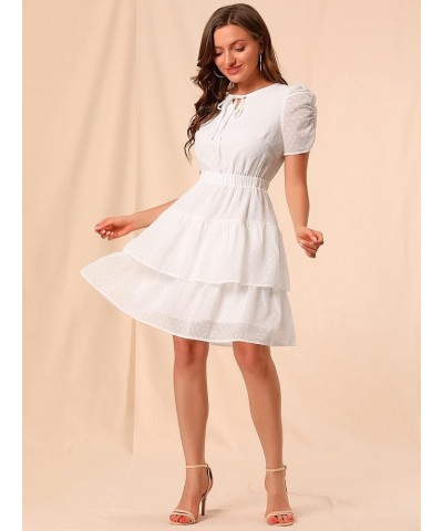 Women's Swiss Dots Dresses Ruched Short Sleeve Elastic Waist Layer Ruffle Hem Dress White $12.00 Dresses