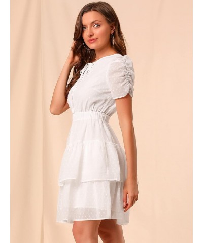 Women's Swiss Dots Dresses Ruched Short Sleeve Elastic Waist Layer Ruffle Hem Dress White $12.00 Dresses