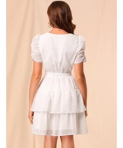 Women's Swiss Dots Dresses Ruched Short Sleeve Elastic Waist Layer Ruffle Hem Dress White $12.00 Dresses