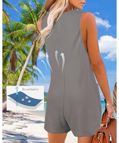 Womens Rompers Summer Sleeveless Shorts Jumpsuits Loose Waffle Knit Button Tank Romper With Pockets Grey $15.29 Rompers