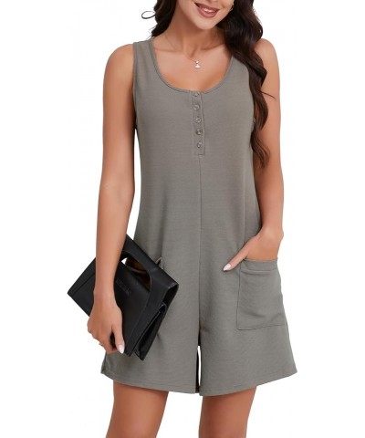 Womens Rompers Summer Sleeveless Shorts Jumpsuits Loose Waffle Knit Button Tank Romper With Pockets Grey $15.29 Rompers