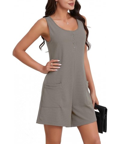 Womens Rompers Summer Sleeveless Shorts Jumpsuits Loose Waffle Knit Button Tank Romper With Pockets Grey $15.29 Rompers