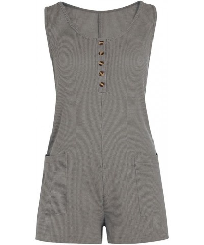 Womens Rompers Summer Sleeveless Shorts Jumpsuits Loose Waffle Knit Button Tank Romper With Pockets Grey $15.29 Rompers