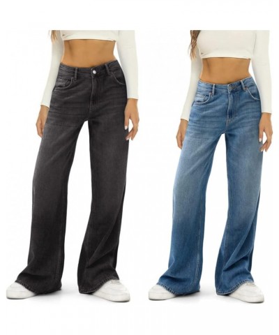 Women High Waisted Straight Wide Leg Baggy Jeans Simple Casual Denim Pants Y2K Vintage Streetwear Trouser Black $12.47 Jeans