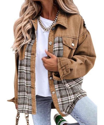 Women's Denim Jacket Long Sleeve Plaid Button Down Shacket Jacket 1 Khaki $23.25 Jackets