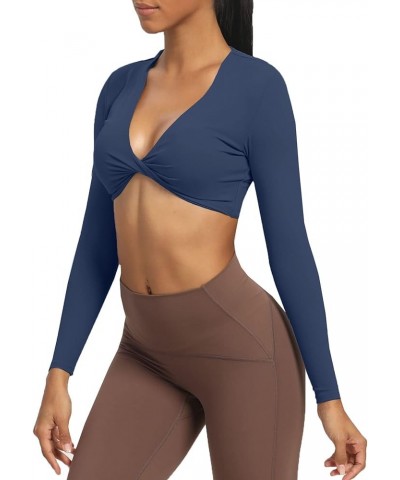 Long Sleeve Crop Tops for Women Sienna Twist Deep V Workout Crop T Shirt Top Navy $18.69 Activewear