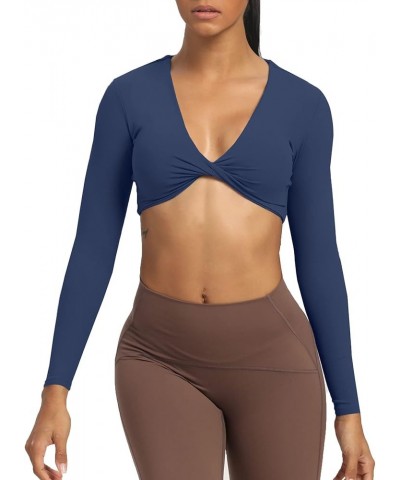 Long Sleeve Crop Tops for Women Sienna Twist Deep V Workout Crop T Shirt Top Navy $18.69 Activewear