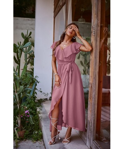 Women's 2023 Summer Casual Ruffle Wrap Maxi Dress Formal Short Sleeve Deep V Neck Flowy Bridesmaid Long Dress Mauve $25.50 Dr...