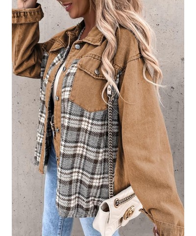 Women's Denim Jacket Long Sleeve Plaid Button Down Shacket Jacket 1 Khaki $23.25 Jackets